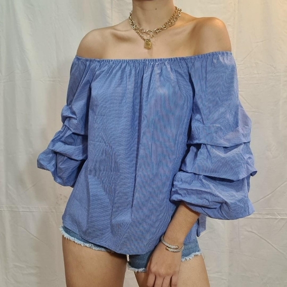 NEW Zara Off the Shoulders Blue with White Stripes Blouse 3/4 Puff Ruffle Sleeve - Picture 1 of 16
